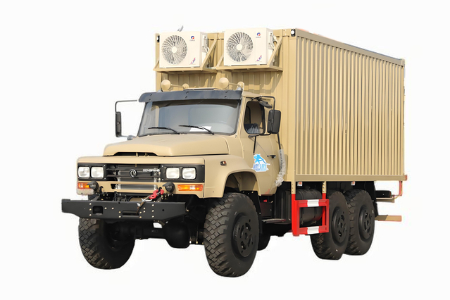东风EQ2100E6D越野专用改装瓦楞板厢式车_六驱245尖头140户外移动办公车_6×6经典190马力移动方舱车/野外露营车